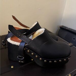 Free People Black Leather Clogs with Shearling Lining